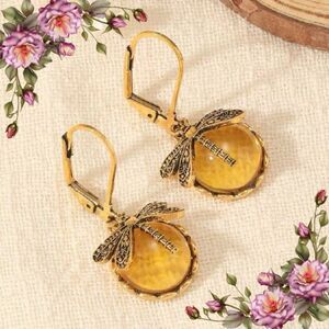 Vintage Style Dragonfly Shape yellow Crystal Pendant Bohemian Earrings
